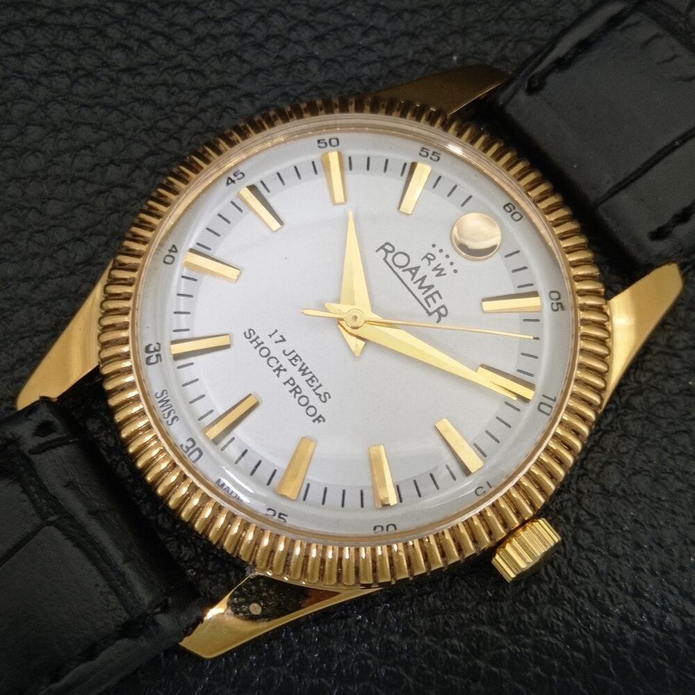 Vintage 1976 Roamer Manual Mens Gold Watch W/Leather Strap & White accents - Picture 6 of 9